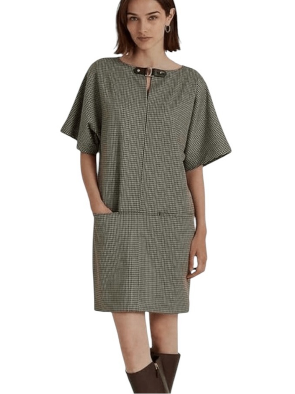 LN Ralph Lauren Houndstooth Print Jacquard Buckle-Trim Neck Shift Mini Dress - L